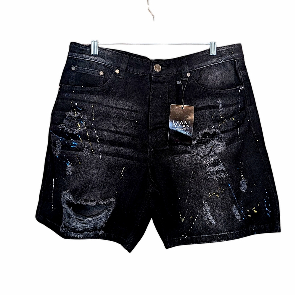 Boohoo Mens Black Distressed Paint-Accent Jean Shorts